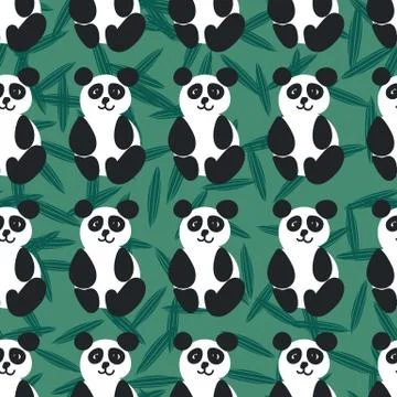 Seamless vector pattern with friendly pandas on green background Illustrazione stock
