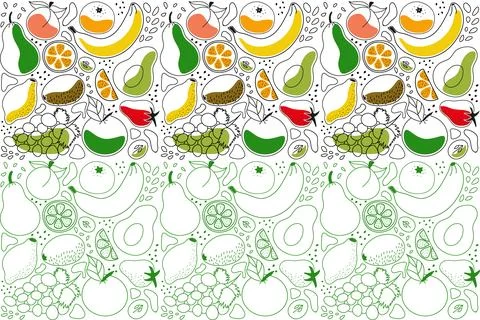 Seamless vector pattern fruit bright colored and contour green. Stock Illustration