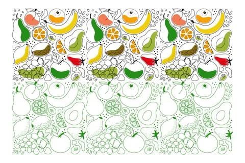 Seamless vector pattern fruit bright colored and contour green. Stock Illustration