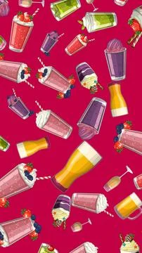 Seamless Vector Pattern of Fruit Smoothies and Milkshakes on Pink Background イラスト素材