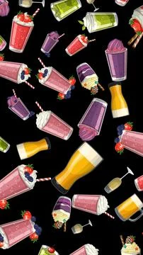 Seamless Vector Pattern of Fruit Smoothies and Milkshakes on Black Background イラスト素材