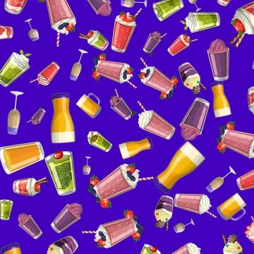 Seamless Vector Pattern of Fruit Smoothies and Milkshakes on Blue Background Illustrazione stock