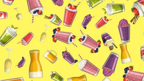 Seamless Vector Pattern of Fruit Smoothies and Milkshakes on Yellow Backgroun 스톡 일러스트