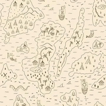 Seamless vector pattern, fun pirate treasure map line art, textile, wallpaper Stock Illustration