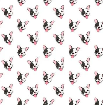 Seamless vector pattern with funny black and white french bulldog on a white Illustrazione stock
