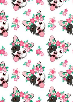 Seamless vector pattern with funny black and white french bulldog with pink Illustrazione stock