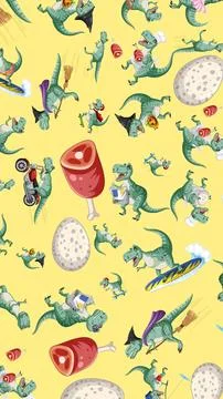 Seamless Vector Pattern of Funny Cartoon Tyrannosaurus Rex Characters Illustrazione stock