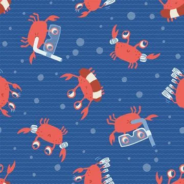 Seamless vector pattern with funny crabs in the ocean of waves, great for kids イラスト素材