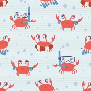 Seamless vector pattern with funny crabs in the ocean of waves, great for kids イラスト素材