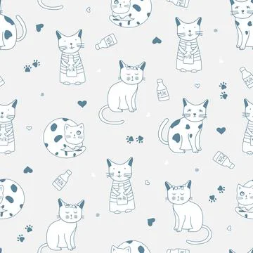 Seamless vector pattern with funny cute cats, pastel colors, light background Stock Illustration