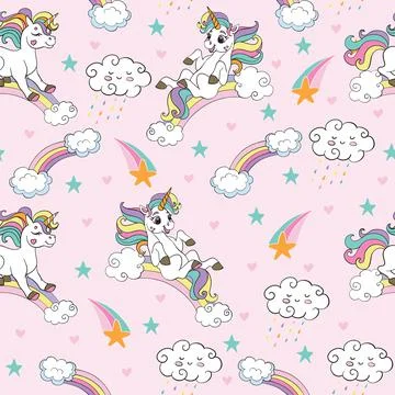 Seamless vector pattern with funny unicorns pink Illustrazione stock