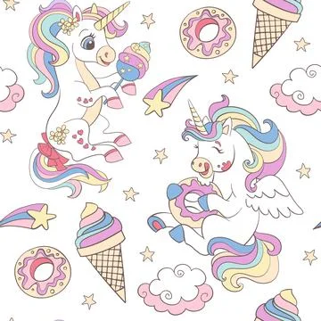 Seamless vector pattern with funny unicorns and sweets on white Illustrazione stock