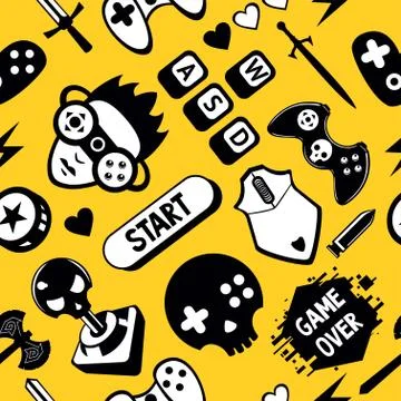 Seamless vector pattern with game elements. Funny video games texture with Stock Illustration