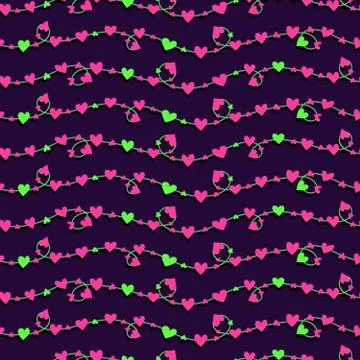 Seamless vector pattern with a garlands of pink and green hearts Stock Illustration
