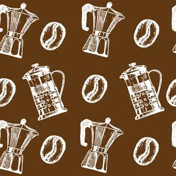 Seamless vector pattern with geyser coffee maker, French press and coffee bea イラスト素材