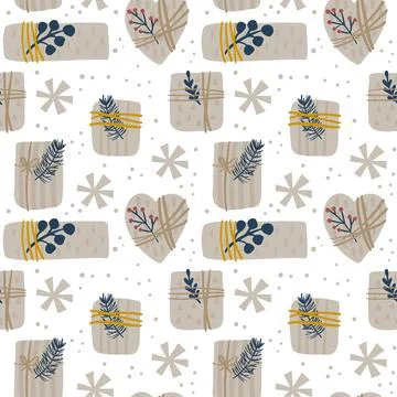 Seamless vector pattern with gift boxes and snowflakes. Creative christmas Illustrazione stock