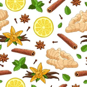 Seamless vector pattern of ginger, lemon, vanilla, mint, cinnamon and cloves Stock Illustration