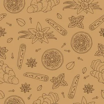 Seamless vector pattern of ginger, lemon, vanilla, mint, cinnamon and cloves 스톡 일러스트