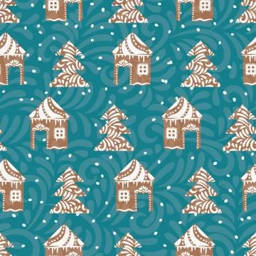 Seamless vector pattern with gingerbread houses and trees Stock Illustration