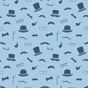 Seamless vector pattern with glasses, bowler hat, mustaches, bow tie and smoking 库存插图