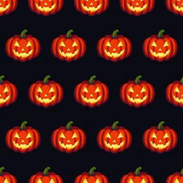 Seamless vector pattern with glowing Halloween pumpkins with faces on dark イラスト素材