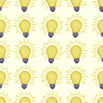 Seamless vector pattern of glowing light bulbs with rays. Retro pixel art style Stock Illustration