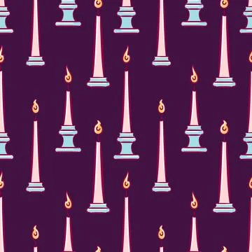Seamless vector pattern of glowing pink candles with flickering flames and drips Illustrazione stock