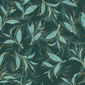 Seamless vector pattern with gold and blue green leaves isolated on dark gree Stock Illustration