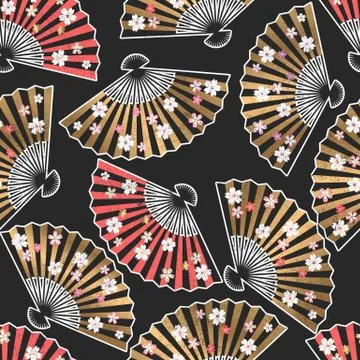 Seamless vector pattern with gold and red traditional asian fans and cherry f 스톡 일러스트