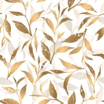 Seamless vector pattern with gold tea leaves isolated on white background. Fl Stock Illustration