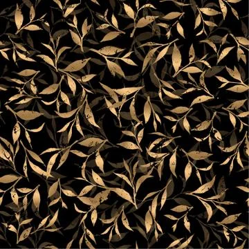 Seamless vector pattern with gold tea leaves on black background. Floral desi Stock Illustration