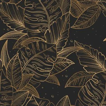 Seamless vector pattern with gold trendy exotic palm and monstera leaves isol Stock Illustration