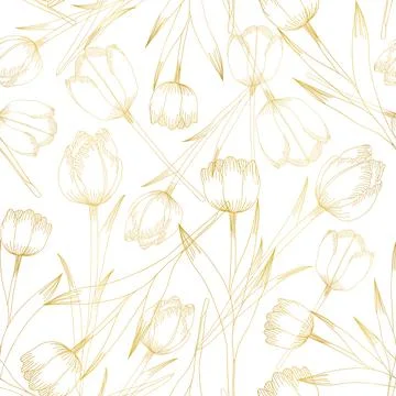 Seamless vector pattern with gold tulips outlined on white background Stock Illustration