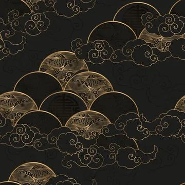 Seamless vector pattern with gold waves and clouds isolated on black backgrou 库存插图