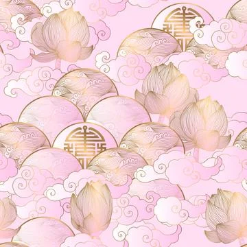 Seamless vector pattern with gold waves, clouds and lotus isolated on pink .. イラスト素材