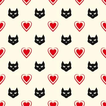 Seamless vector pattern. Graceful hearts and lovely cat's muzzles. Stock Illustration