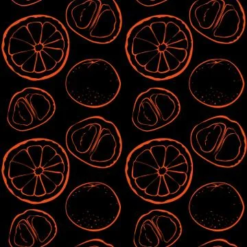 Seamless vector pattern of grapefruit outline on a black isolated background. Illustrazione stock