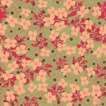 Seamless vector pattern with graphic flowers in green pink and red Stock Illustration