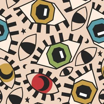 Seamless vector pattern with graphic magic eyes. Beautiful flat illustration. Stock Illustration