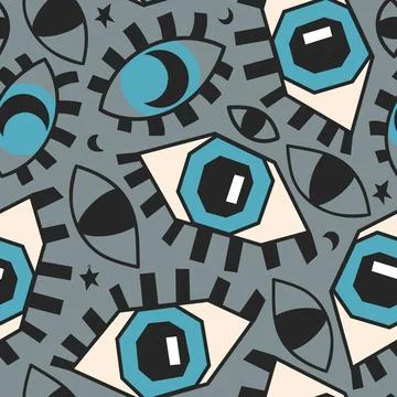 Seamless vector pattern with graphic magic blue eyes. Beautiful flat illustra Illustrazione stock