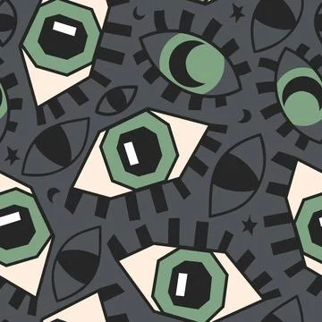 Seamless vector pattern with graphic magic  green eyes. Beautiful flat illust Illustrazione stock