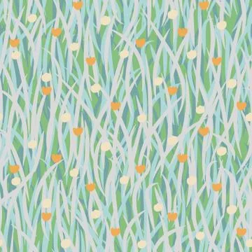 Seamless vector pattern with grass and small flowers Stock Illustration