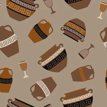 Seamless vector pattern with Greek pottery. Pottery pattern. Pots with Gree.. Stock Illustration