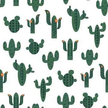 Seamless vector pattern with green cactuses on white background Stock Illustration