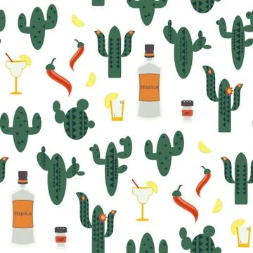 Seamless vector pattern with green cactuses on white background Stock Illustration