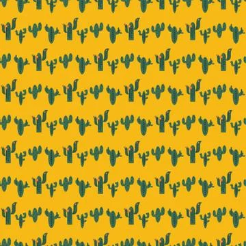 Seamless vector pattern with green cactuses on orange desert background. Stock Illustration