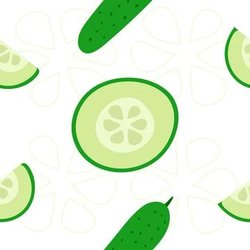 Seamless vector pattern with green cucumber and slices. Vegetable pattern f.. Stock Illustration