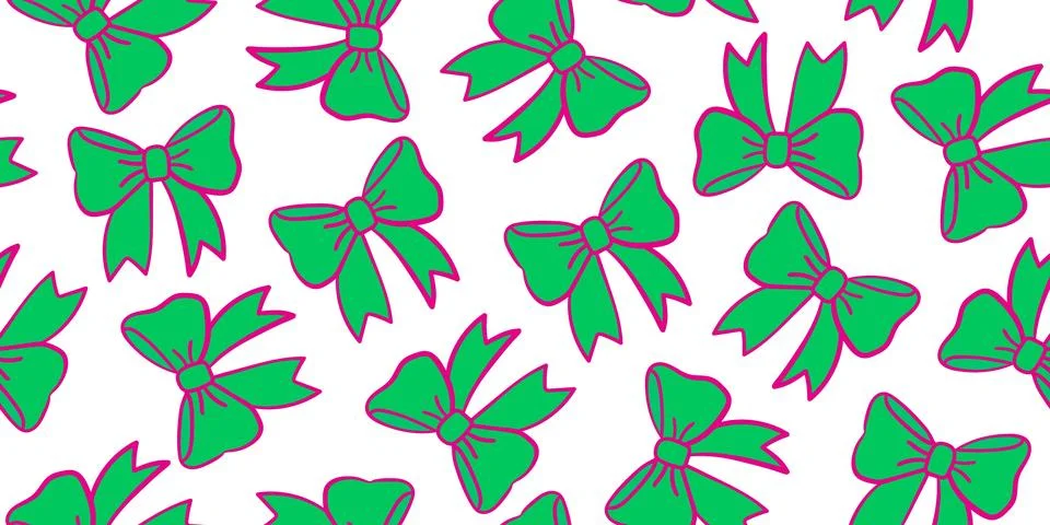 Seamless vector pattern with green emerald bows and pink outline, festive d.. Stock Illustration