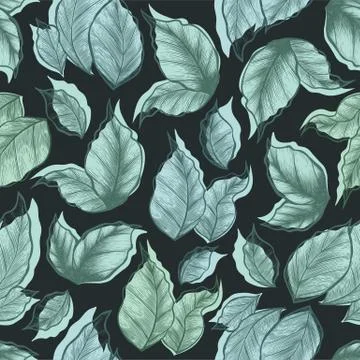 Seamless vector pattern with green hand drawn leaves on black background. Bot Stock Illustration