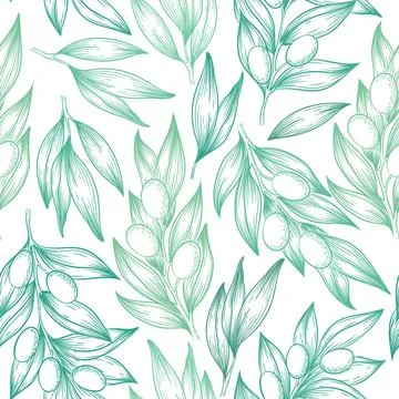 Seamless vector pattern with green hand drawn jojoba branches and leaves is.. Stock Illustration